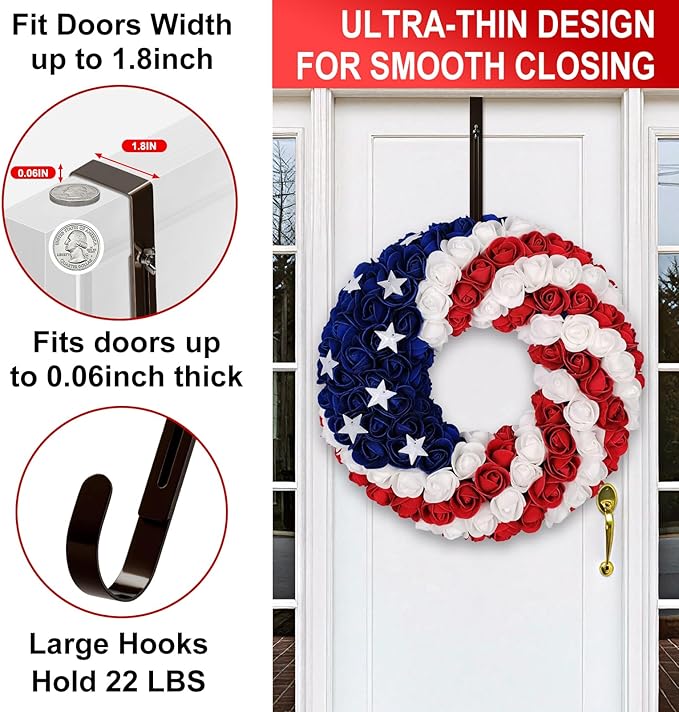 2-Pack Wreath Hooks for Front Door, 12.5-20" Extendable Heavy Duty Metal Over The Door Hooks (22 lbs) for Spring Decor & Coats, Slim Damage-Free Hanger for Tall & Screen Doors, Brushed Nickel