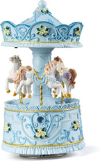 Lighted Rotating Carousel Music Box, Wind Up Musical Merry-Go-Round Figurine, Hand Painted Vintage Blue Collectible Decor, Plays Over The Rainbow, Gift for Girls, Women, Nursery, Bedroom