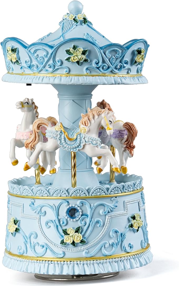 Elegant Blue Carousel Music Box,Handcrafted Rotating Horses & Floral Details Musical Figurine, for Birthdays,Christmas,Valentine's Day,Birthday,Home Décor,Plays You are My Sunshine Tune