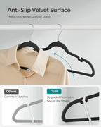 SONGMICS Velvet Hangers 60 Pack, Non-Slip Clothes Hangers with Shoulder Notches, Pants Bar, 360° Swivel Hook, Space-Saving, for Closet, Ink Black UCRF030B01