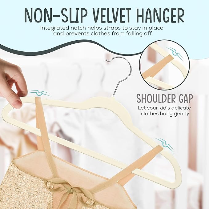 50 Premium Kids Velvet Hangers - 14" Non-Slip Clothes Hangers for Kids & Preteens - Ultra Slim, Space-Saving, Strong & Durable Hangers with 360° Swivel Hook - Ivory