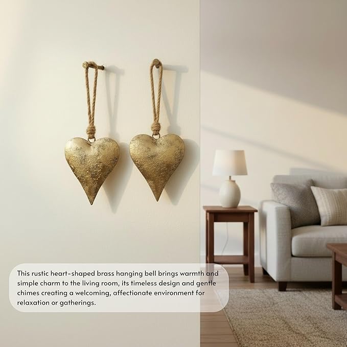 Rustic Iron Wall Accent for Home Decor | Handmade Metal Hanging Décor with Jute Rope | Golden Heart Design (4" & 3.5") Indoor & Outdoor Decoration (Set of 2)