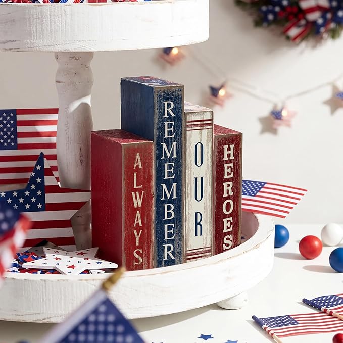 Lineshading 4 Pcs 4th of July Table Decoration Wooden Book Always Remember Our Heroes America Decor Patriotic Tiered Tray Decor Red White Blue Memorial Day Block Signs for 250th Anniversary Home Shelf