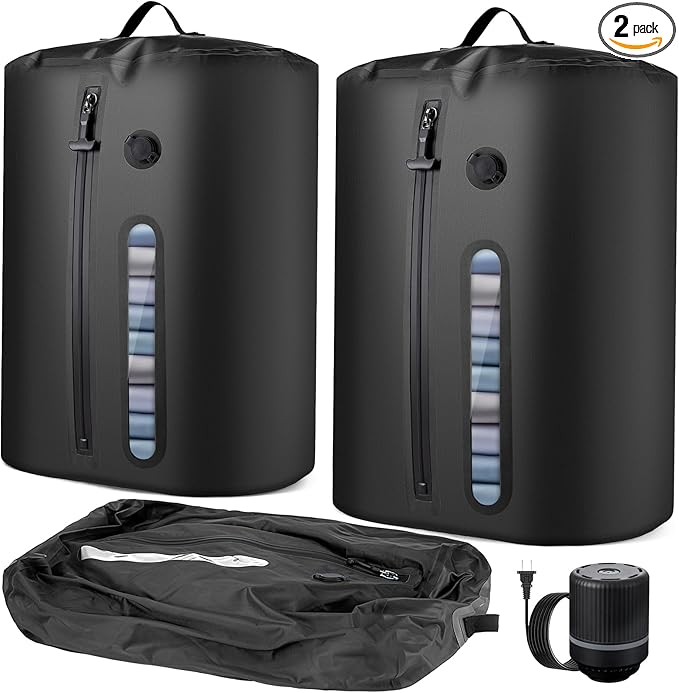 Vacuum Bags for Travel with Pump, Reusable Vacuum Compression Bags, IP68 Waterproof Space Saver Storage Bags for Clothes, Backpack, Luggage & Suitcase, Lightweight Travel Organizer (2PC + Pump)