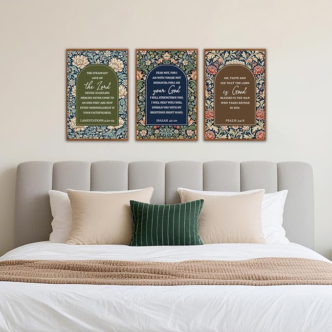 KAlRNE Vintage Christian Floral Framed Canvas Wall Art Set of 3(16”X24”),Boho William Morris Wall Decor,Religious Bible Verse Painting,Inspirational Scripture Art Prints For Living Room Bedroom Church