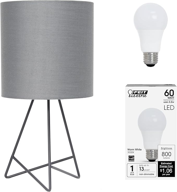 Simple Designs LT2066-GOG-LB 14" Down to The Wire Table Lamp for Bedroom, Living Room, Entryway, Office, Gray with Gray Shade, with Feit LED Bulb Included