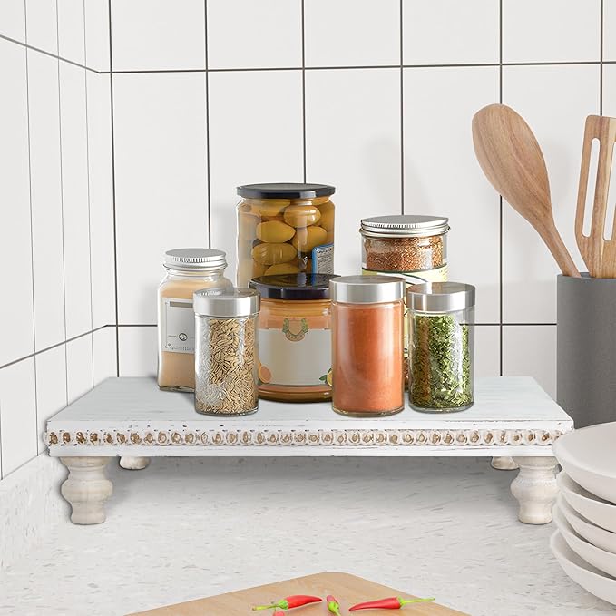 MAONAME Wood Display Risers Decorative Tray, Farmhouse Pedestal Stand for Display Home Decor, Vintage White Beaded Wooden Tray for Kitchen Counter, Short and Tall Footed