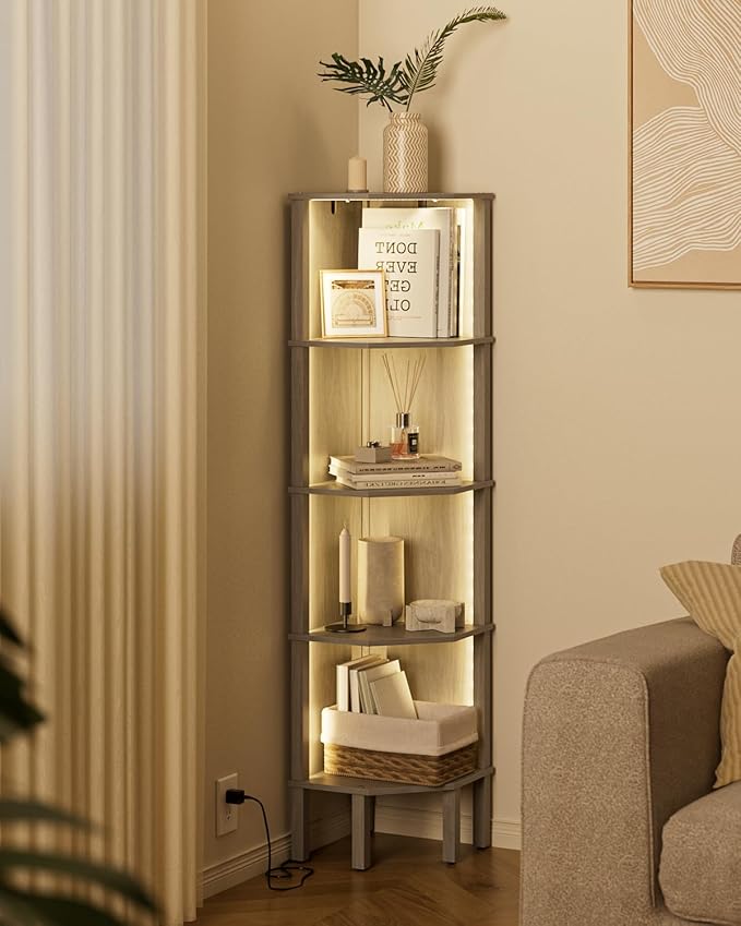 Corner Shelf Stand, 5 Tier Corner Bookshelf,Corner Furniture for Bedroom Display Corner Shelf for Small Space,Wood Shelves with Storage Rack for Living Room,Office,Gray
