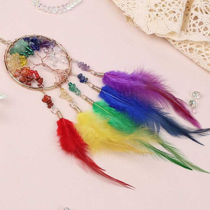 Pretty Jolly Small Tree of Life Crystal Stone Dream Catchers Rainbow Feathers Mini Dreamcatchers for Cars Rear View Mirror Hanging Decoration Good Luck Travel Charm Bedroom Ornaments for Women Girls