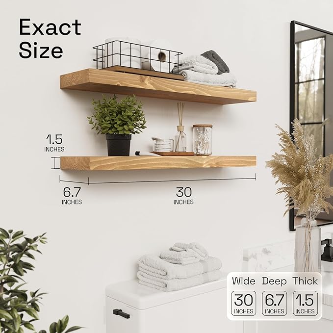 BAOBAB WORKSHOP Natural Wood Floating Shelves for Wall 30 Inches Long, Solid Wooden Shelf Large, Bathroom Shelves for Room Wall Mounted Kitchen Farmhouse, Oak Floating Shelf, 30W × 6.7D, Set of 2