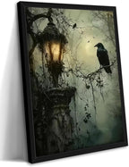 Gothic Decor Framed Wall Art, Vintage Dark Academia Canvas Prints, Horror Forest Crow Wall Decor for Living Room Bedroom Home Decor – Black Wooden Frame 8x10in