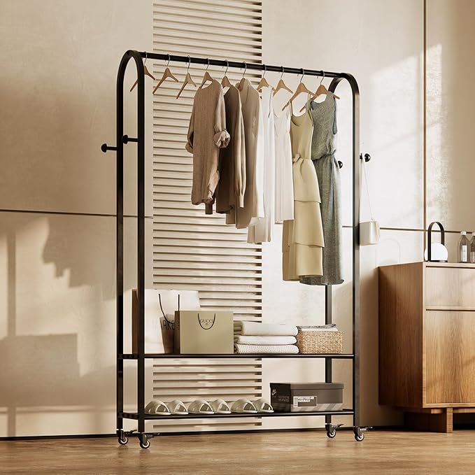 Sturdy Heavy Duty Clothes Rack With Wheels,Modern Clothing Rack With Shelves & hooks, Garment Racks for Hanging Clothes,Closet Rack for Bedroom,49.2in Wide,Clothes Storage and Display (black)