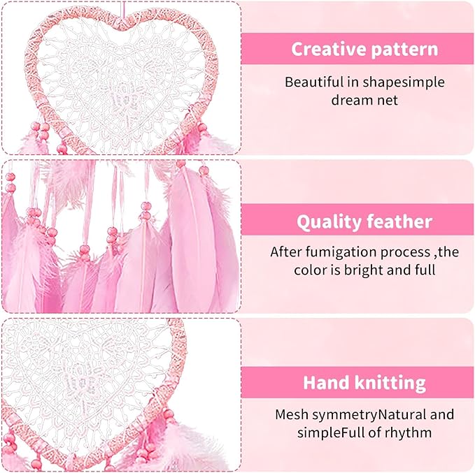 Dream Catcher,Lovely Heart Shape Dreamcatcher Handmade Lace Dream Catcher Feather Bead Wall Hanging Boho Woven Art Ornament Gift Craft Dreamcatcher Wind Chimes for Home Children Bedroom Decor (Pink)