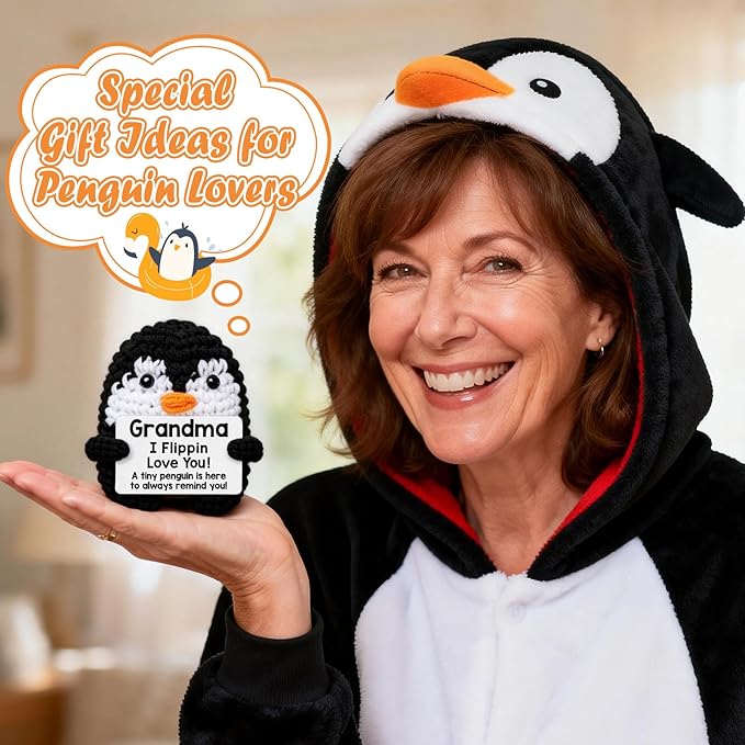 Grandma Gifts for Birthday, Handmade Crochet Mini Penguin Mothers Day Cute Birthday Gifts for Grandma from Granddaughter Grandson, Funny I Love You Gift for Grandmother Greatgrandma Gigi Easter Decor