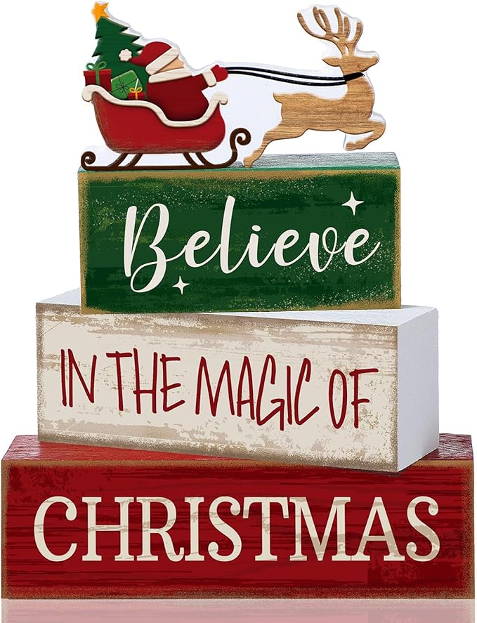Lineshading 4 Pcs Summer Christmas Table Decoration Wooden Santa Claus Decor Christmas Tiered Tray Decor Decorative Santa Claus Elk Block Sign Gift Farmhouse Xmas Centerpiece for Home Kitchen Shelf