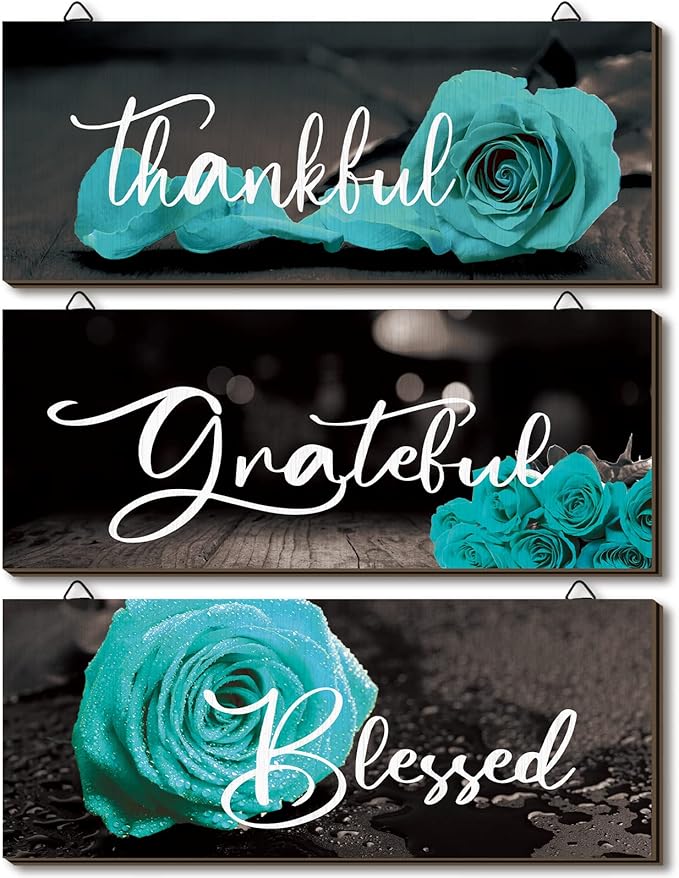 Hillban 3 Pieces Rose Wooden Wall Decor Rose Bathroom Decor Thankful Grateful Blessed Accessories Inspirational Wall Art Signs for Living Room Kitchen Wedding(10 x 4 Inch,Teal)