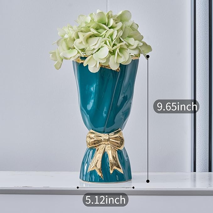 Bow Vase for Home Decor, Gold Vase for Boho Style, 9.65 Inch Large Vases for Ideal Table Decor, Living Room. Ceramic Flower Vases. （Glazed Exterior and Interior） (Green, Large)