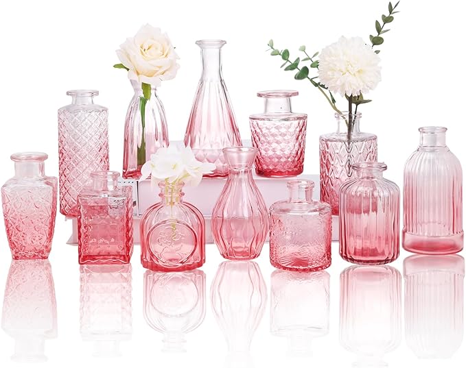 12 Pack Pink Glass Bud Vase Set, Small Vintage Vases for Centerpieces, Decorative Flower Vases for Wedding Home Table Decor