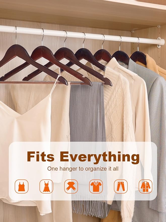 HOUSE DAY Cherry Wooden Hangers 20 Pack, Heavy Duty Wooden Coat Hanger for Closet, Solid Wood Hanger with Non Slip Pant Bar, Smooth Finish Wood Clothes Hangers for Shirts, Suits Jackets, Dress