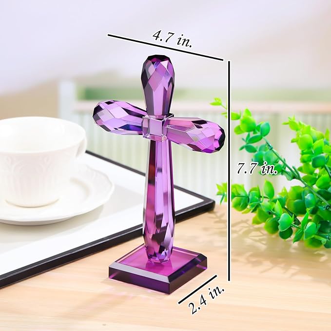 YWHL Crystal Cross Decor, Religious Gifts for Women Men, Handmade Holy Cross for Easter Pary, Art Collectible Figurines for Home Table (Purple)