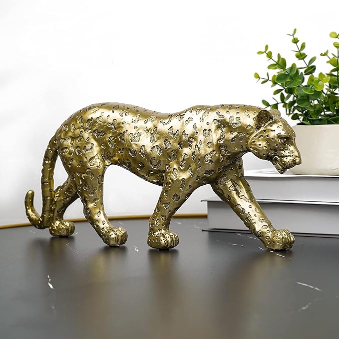 Cheetah Statue Home Decor Leopard Sculpture Resin Sitting Cheetah Figurine Desktop Table Top Ornament Decoration for Home Office-Gold Or Silver (Walking-Champagne Gold)