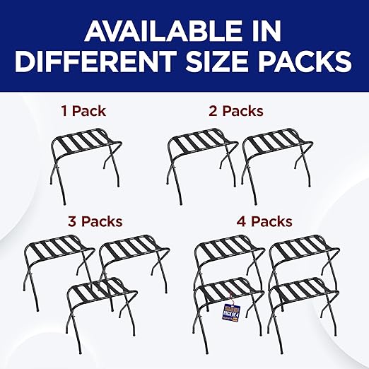 Lifemaster Metal Luggage Rack - Pack of 4 Foldable, Easy Assembly, Space Saving, and Stylish Steel Frame Guest Suitcase Stands with Nylon Straps - Black