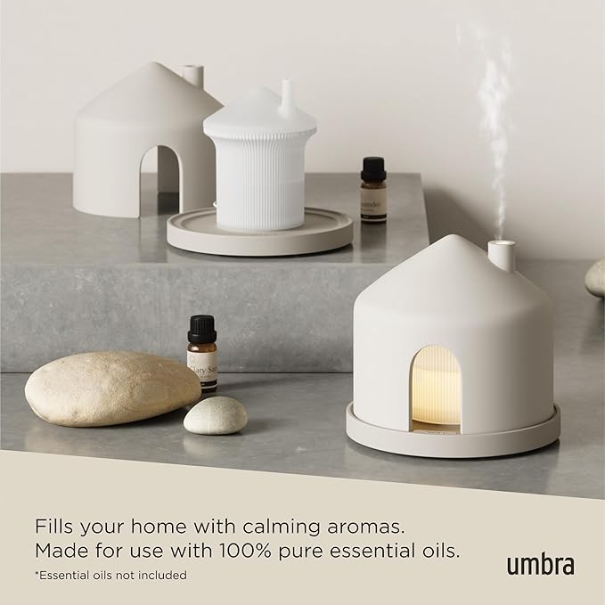 Umbra Casita Diffuser in Sand – Aromatherapy Essential Oil Diffuser with LED Light, Multiple Mist Settings, Automatic Shut-Off, Hidden Storage for Oils, Concrete & Melamine Design for Modern Homes