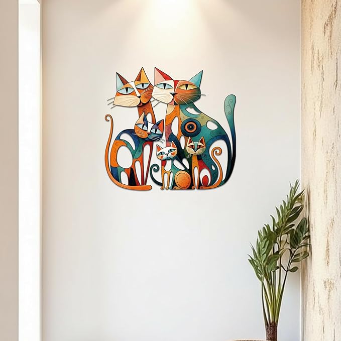 Wesiti Cat Wall Art Decor Iron Wall Sculptures Decor for Cats Lover 13.7 x 13 Inches Colorful Mid Century Cat Retro Signs for Home Living Room Bedroom Kitchen Office(Opulent)