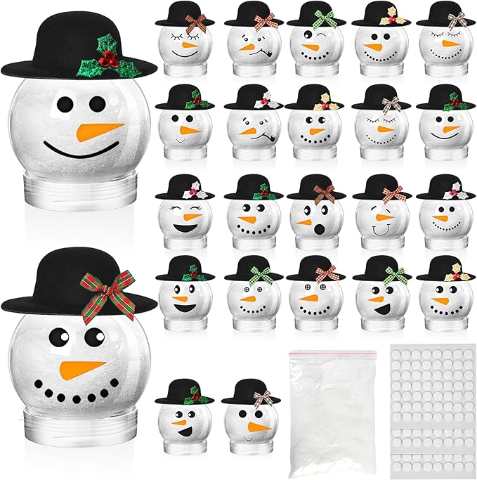 24 Sets Christmas Plastic Snow Globes Kit Includes 24 Clear Snow Globe, Mini Black Top Hats and Sticker for Ornaments DIY Crafts Fillable Snow Globes Home Winter Christmas Decoration