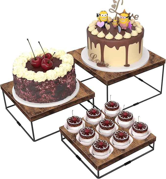 ELITEROO Buffet Risers, 3 Pack Wooden Risers Display Stands, Square Food Risers for Buffet Table, Tiered Dessert Display Stands, Food Stands for Display Party, Rustic Brown, 9"x10"x11"