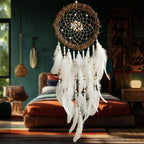 Dream Catcher Native American Boho Dreamcatcher White Wall Decor, Handmade Rattan Natural Goose Feathers Wall Hanging Art Piece Indian Room Decor for Bedroom Living Room Wedding