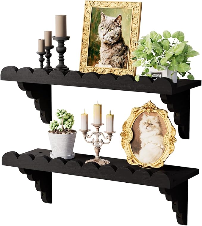 QsQueen Scalloped Wood Wall Shelf – 17 Inch Floating Shelf with Wood Brackets, Easy to Install Rustic Wall Shelf for Living Room, Bedroom, Bathroom, or Any Space, Black Shelves