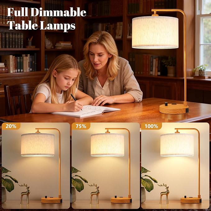 Innqoo Bedside Table Lamps for Bedroom Set of 2-Dimmable Nightstand Lamps with USB Port and Outlet,Modern Wood Lamps with Linen Shade,Tall Desk Lamps for Home Office Bedroom Living Room End Table