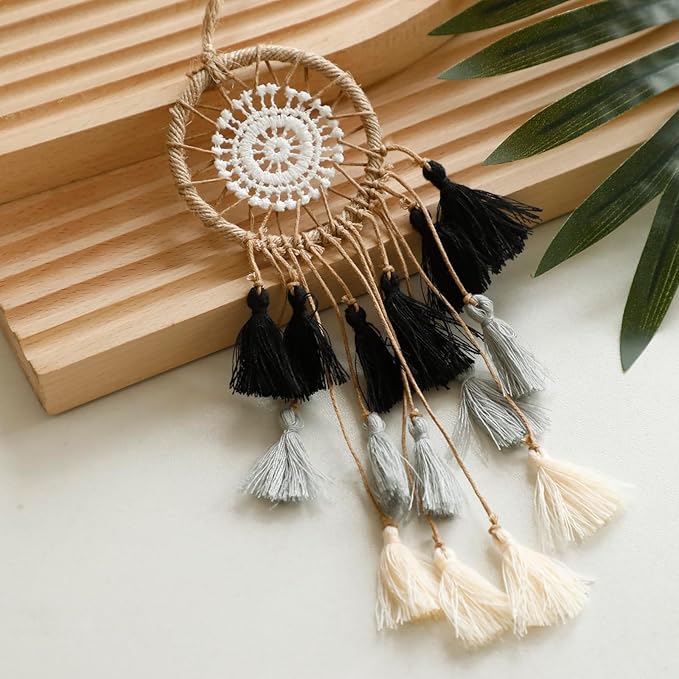 Artilady Small Dream Catcher for Cars - Bohemian Mini Dream Catchers for Cars Rear View Mirror Hanging Decoration (Black Grey White)