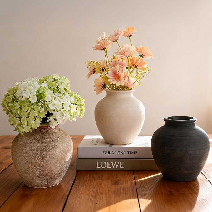 Ceramic Flower Vase Home Decor, 6.2 inch Farmhouse Rustic Vintage Decorative Vases, Pottery Terracotta Boho Flowers Vases for Dining Table, Living Room, Shelf, Kitchen, Bedroom (6.2"-White)