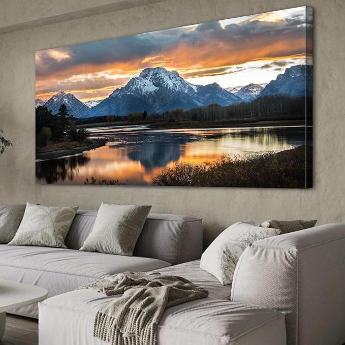 Extra Large Mountain Wall Art for Living Room Sunset Nature Grand Teton Wall Decor National Park Posters Wyoming Snake River Landscape Canvas Prints Artwork for Bedroom Office Home Decoration 35x70"