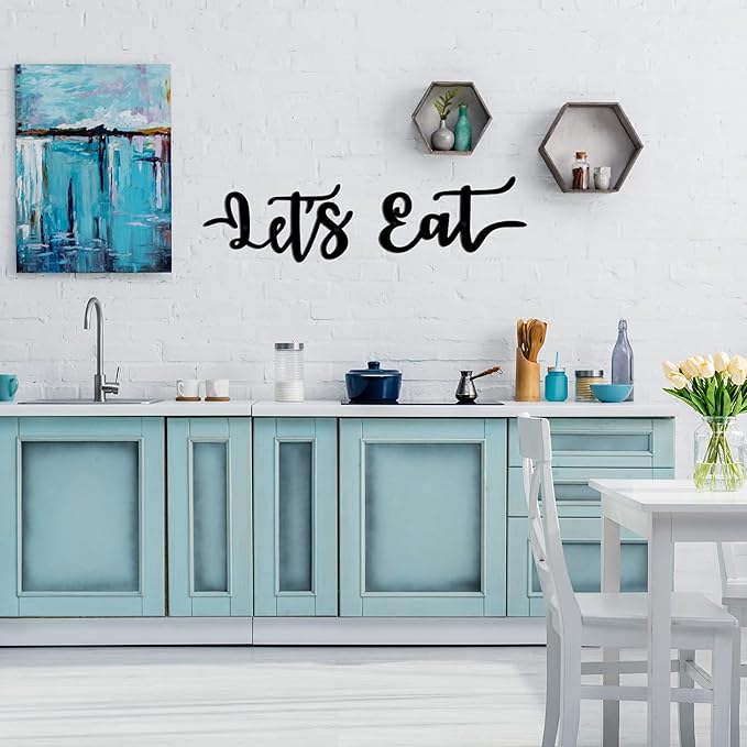 Hotop 2 Pieces Let's Eat Metal Sign, Rustic Black Cutout Eat Kitchen Decor, Kitchen Hanging Wall Plaque Farmhouse Wall Sign for Home Kitchen Dining Living Room Decoration