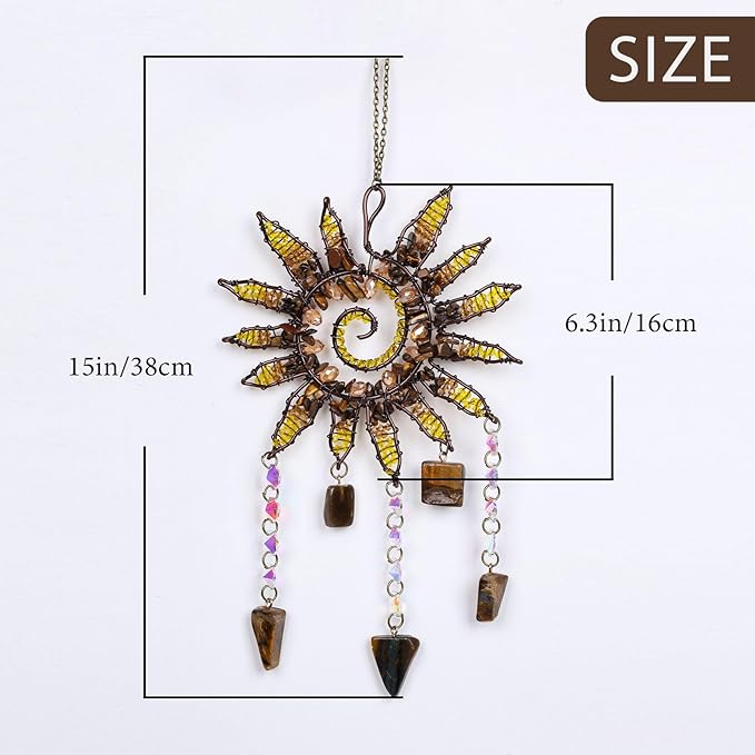 Mini Sun Catcher Dream Catcher – Handmade Sunburst Wall Hanging with Tiger Eye Stones & Crystal Beads for Window Decor, Bedroom, Meditation Space or Gift