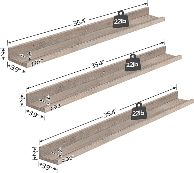 HOOBRO Floating Shelves, Wall Shelf Set of 3, 35.4 Inches Hanging Shelf with Raised Edge and Invisible Brackets, for Bathroom, Bedroom, Kitchen, Office, Living Room Decor, Greige BG90BJ01