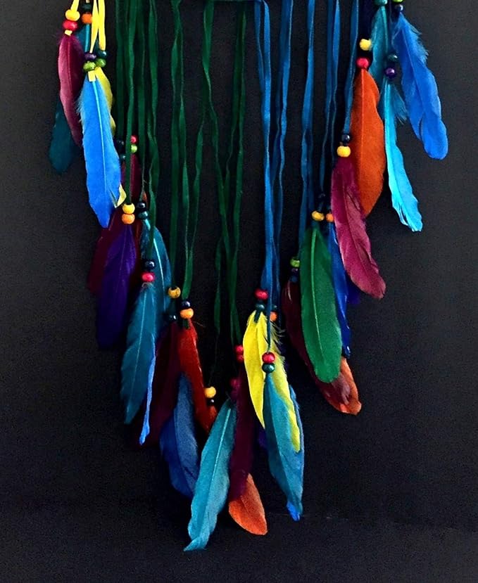OMA Dream Catcher, Tree of Life Design with Feathers & Beads, White Suede Authentic Traditional Dream Catcher Boho Home Decor Bedroom Decoration Gift - Large Size - 36" Long (Rainbow Chakra)