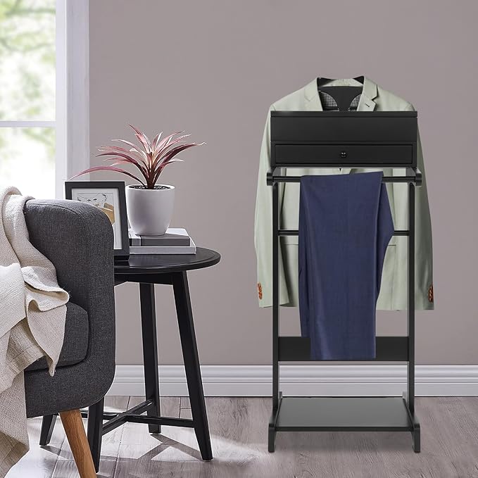 Suit Valet Stand, Solid Wood Valet Stand with Drawer & Top Compartment, Contour Hanger & Shoe Shelf & Trouser Bar, FreeStanding Suit Hanger Shoe Rack For Guest Rooms Hotel
