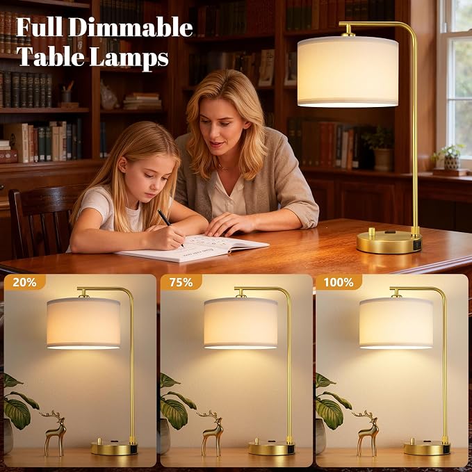Innqoo Bedside Table Lamps for Bedroom Set of 2-Dimmable Nightstand Lamps with USB Port and Outlet,Modern Gold Lamps with Linen Shade,Tall Desk Lamps for Home Office Bedroom Living Room End Table