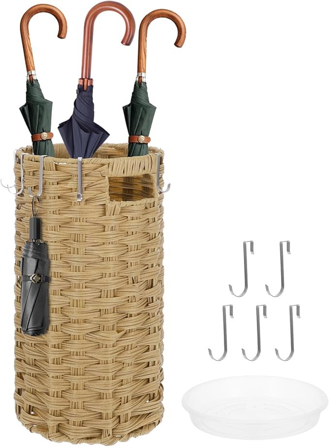 Rattan Umbrella Stand for Entryway, Hand Woven Umbrella Holder Organizer with Detachable Drip Tray and 5 Stainless Steel Hooks, Freestanding Umbrella Rack for Home & Office, 8.6" L x 8.6" W x 17" H