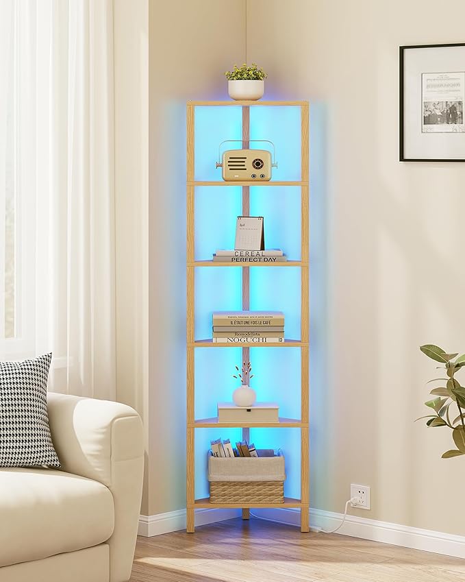 TUTOTAK Corner Shelf with LED Light, 6-Tier Corner Bookshelf for Small Space, Narrow Display Corner Shelf Stand with Storage Rack, for Living Room, Bedroom, Natural BS05BN006L