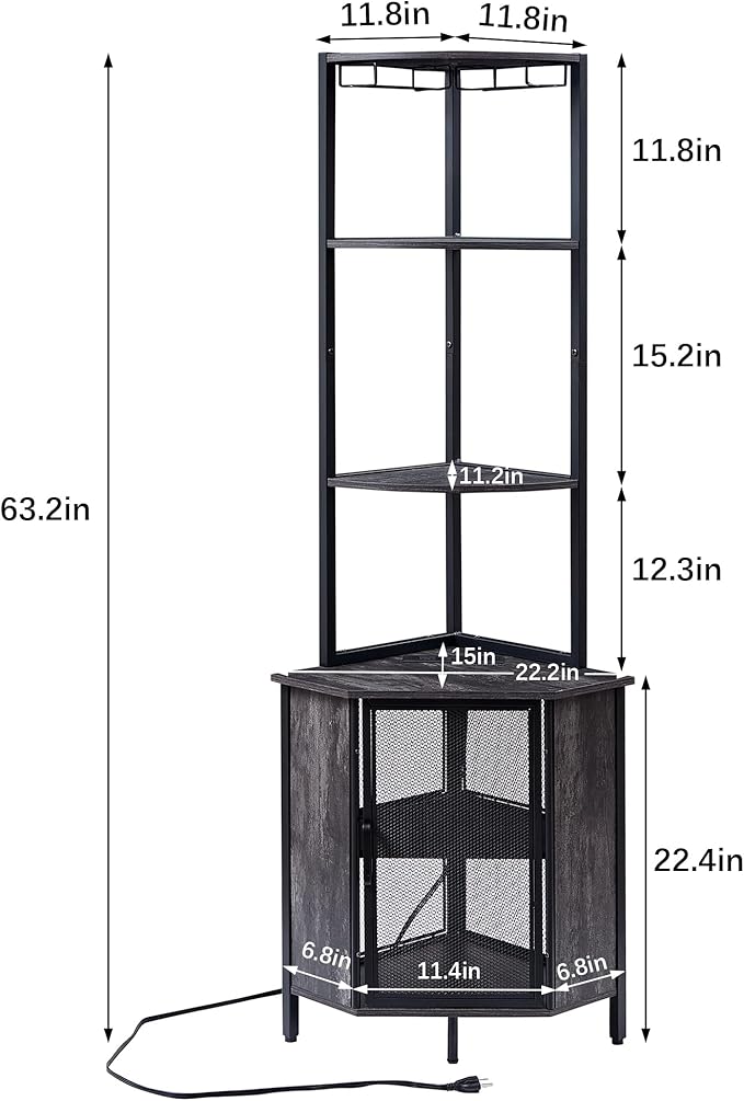 VECELO 6 Tier Corner Shelf with LED Light and Charging Station, 63” Tall Standing Cabinet Organizer, Narrow Bookshelf with Storage Rack for Living Room, Bedroom, Kitchen, Balcony, Small Space