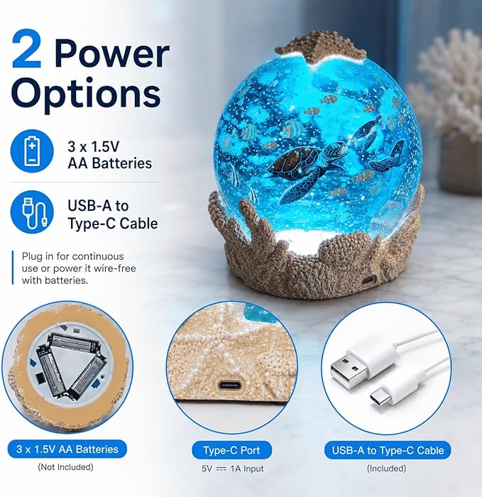 Starfish Night Light Ocean Decoration with 6H Timer, USB & Battery Powered, Rotating Ocean Scene Star Fish Snow Globe with Sea Turtle and Fish for Kids Adults Bedroom Living Room Decor (Starfish)