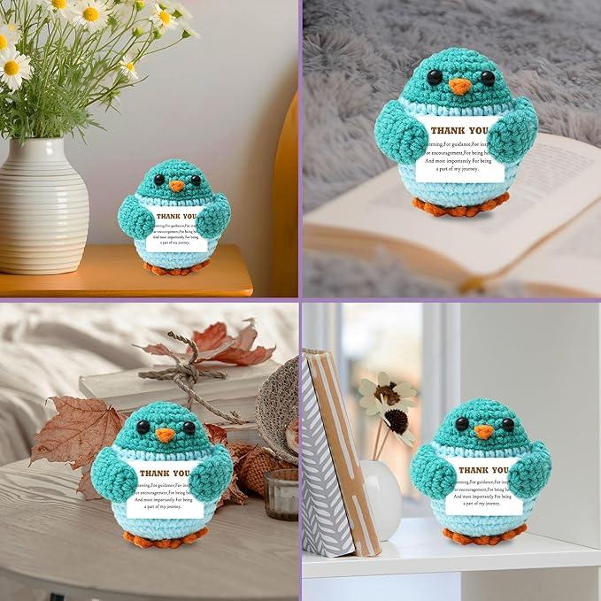 Mini Positive Crochet Animals Parrot with Warm Card, Cute Handmade Knitted Parrot Birthday Gifts for Women Men, Funny Emotional Support Crochet Stuff Decor