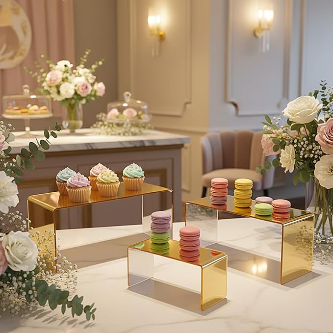 Chuangdi 2 Sets Acrylic Display Risers, Product Stand, Jewelry Display Riser Shelf Showcase Fixtures for Dessert Cupcake Candy Figure Treat Action Showcase (Gold,Large Set)