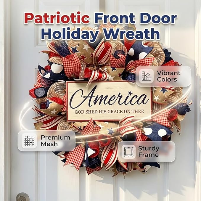 250th Anniversary Patriotic Wreath, 1776-2026 American Independence Day Wreath,16 in Red White Blue Front Door Wreath, Indoor Outdoor Home Decor for 4th of July, Memorial Day, Veterans Day (Z)