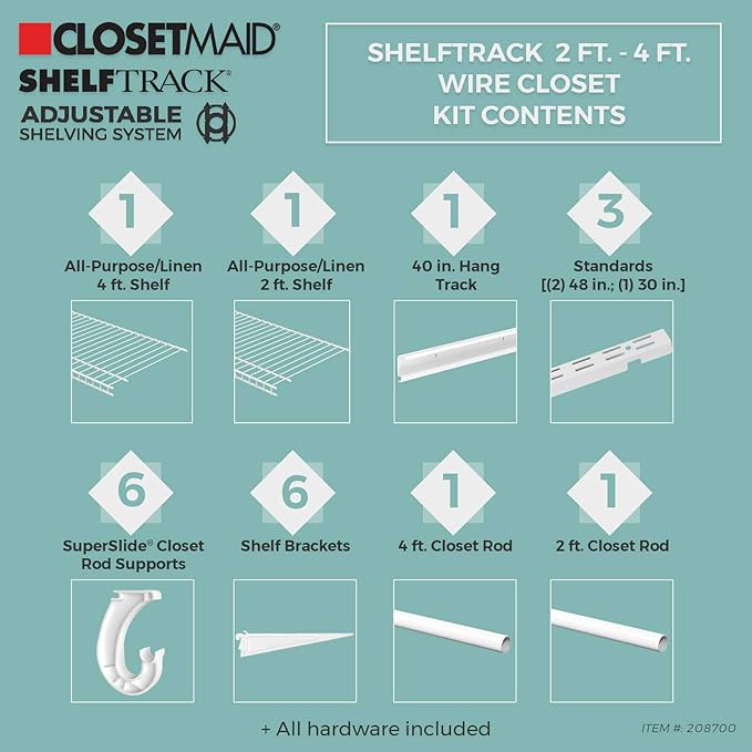 ClosetMaid ShelfTrack Wire Closet Organizer System, Adjustable from 2 to 4 Ft., With Shelves, Clothes Rods, Hardware, Durable Steel, White
